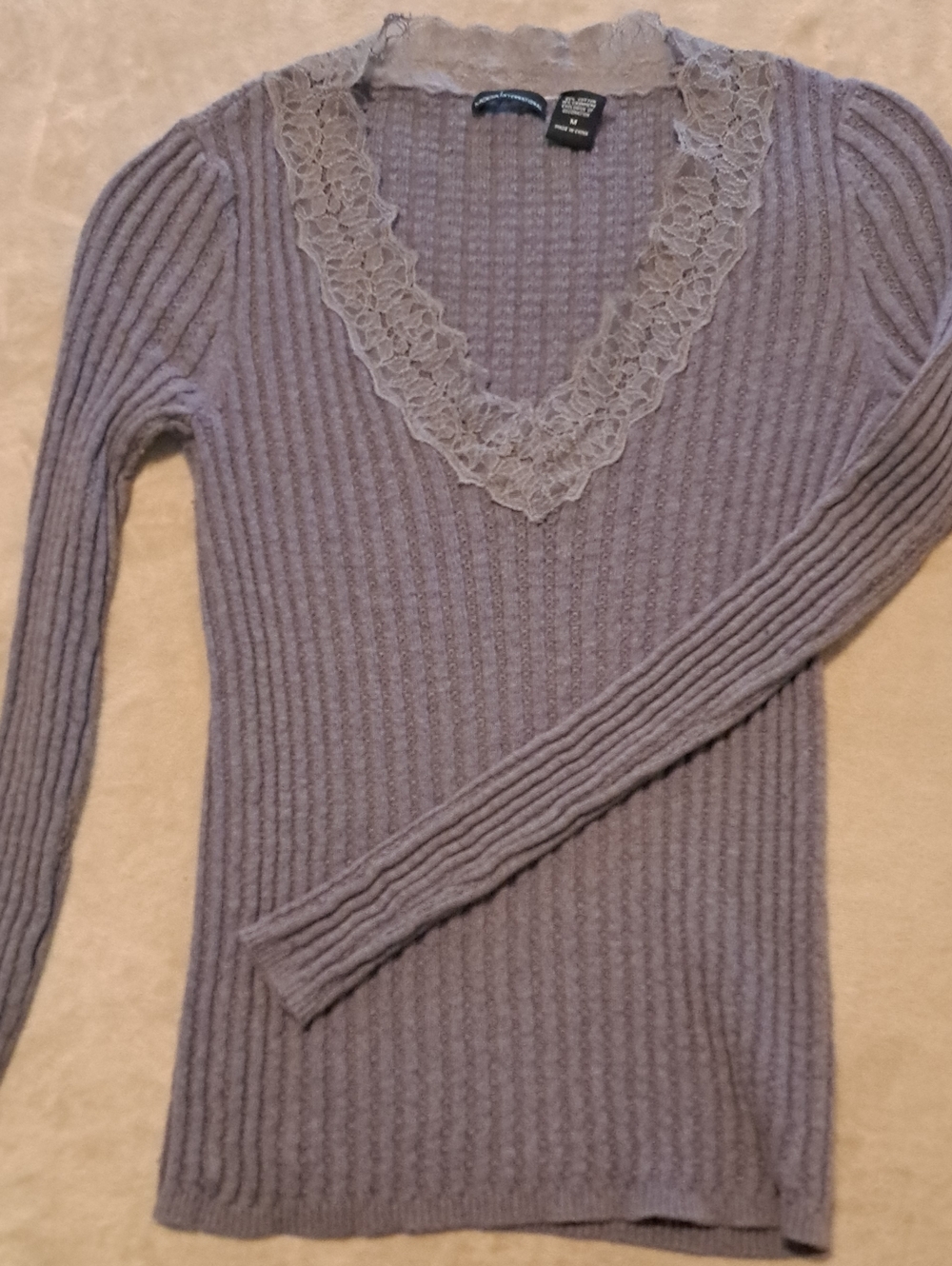 Moda International Lavender Ribbed V‑Neck Sweater with Lace Trim